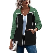 preiswerte Sport Hoodie-Damen Farbblock Basic Langarm Kapuzenpullover Normale Oberteile Strasse Casual Reißverschluss Vordertasche Weiß Rosa Rote Grün Armeegrün Herbst Winter