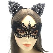 economico Maschera di Halloween &amp; Accessori-maschera mascherata in pizzo per donna, maschera mascherata nera per donna maschera per gatti fascia per orecchie di gatto con girocollo a cuore