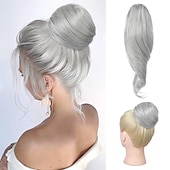 abordables Queue-de-cheval-chignon en désordre haut noeud clip en chignon faux chignon queue de cheval extension 12 pouces synthétique chignon chignon postiche pour les femmes noir