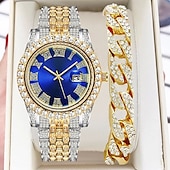 cheap Quartz Watches-Men&#039;s Quartz Watch with Chain Bracelet Set Fashion Luxury Bling Diamond Hiphop Analog Men Quartz Wristwatch Calendar Waterproof Men&#039;s Watch