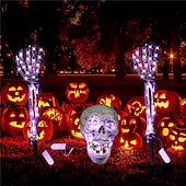 billige Halloween rekvisittbelysning-3-pakning realistisk utseende skjelettstaker kirkegård hage plen staker halloween skjelett lys opp halloween dekorasjoner skjelett hender hode gårdsstake med lysstrenger for hage varm hvit / lilla
