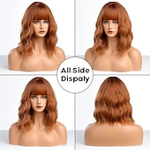 economico Parrucche trendy sintetiche-parrucche ramate con frangia parrucca zenzero parrucca rosso arancio parrucca ondulata lunghezza spalle parrucca parte centrale capelli per donna