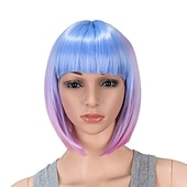 abordables Perruques de carnaval-Perruque bob courte droite ombrée bleu rose multicolore de 10 pouces avec frange perruque synthétique colorée de cosplay pour les fêtes quotidienne pour femmes et enfants avec bonnet de perruque