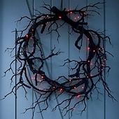 cheap Artificial Flowers &amp; Wreaths-Halloween Wreath Decoration for Front Door Orange Lights Glitter Black Branch Wreath Halloween Decorations Home Indoor Outdoor Party Wall Decor Vintage Outside Hanging Window Garland Yard Scary