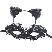 economico Maschera di Halloween &amp; Accessori-maschera mascherata in pizzo per donna, maschera mascherata nera per donna maschera per gatti fascia per orecchie di gatto con girocollo a cuore