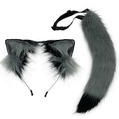 abordables Accesorios para el peinado del cabello-Conjunto de orejas y cola de bestia simulada, bonita cola de zorro de peluche, banda para el pelo con oreja de Lobo ajustable, accesorios para orejas de zorro