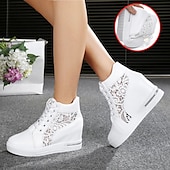 economico Sneakers da donna-sneakers da donna con zeppa traspiranti e pannello in pizzo – comode scarpe alte con lacci per uscite casual e abbigliamento estivo