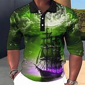 お買い得  メンズ ヴィンテージ ポロシャツ-男性用 航海 ポロシャツ ゴルフシャツ 長袖 ポロシャツ 襟付きシャツ ヴィンテージ カジュアル バケーションウェア ボートウェア パーティー衣装 ボタン 3Dプリント ブルー・グリーン ルビーレッド ブルー