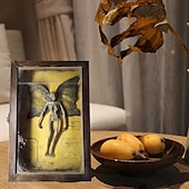 cheap Halloween Hanging &amp; Tabletop Decorations-Halloween Mummified Fairy Display Box Solid Mdf Rectangle Distressed Wooden Hard Gift Durable Scary Mummy Skeleton With Wing Decoration Living Room Supplies