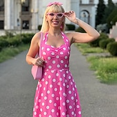 baratos Conjuntos-Anos 50 Retro Vintage Rockabilly Vestido swing Vestido Flare Bolinhas Fantasia Mulheres Festa / Noite Festa de Solteira Adulto Vestido Bandana Vestidos de baile