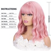 abordables Perruques Synthétiques Sans Bonnet-rose perruque avec une frange court ondulé rose perruques pour femmes bob perruque 14 pouces longueur d&#039;épaule partie centrale pastel perruque bouclés synthétiques perruques colorées pour les filles