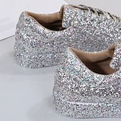 economico Sneakers da donna-sneakers da donna con plateau e glitter argento - scarpe casual con lacci scintillanti per feste e street style