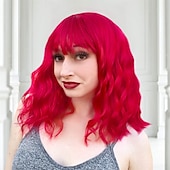 abordables Perruques Synthétiques Sans Bonnet-rose perruque avec une frange court ondulé rose perruques pour femmes bob perruque 14 pouces longueur d&#039;épaule partie centrale pastel perruque bouclés synthétiques perruques colorées pour les filles