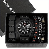 cheap Quartz Watches-Keller Weber 5Pcs Watches Bracelet Set Luxury Men Quartz Wristwatches Leather Band Fahsion Casual Watch For Men Gift For Boyfriend