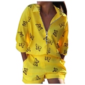 baratos Tops Boho-Mulheres Moda Boho Camisa Social Conjuntos de shorts Shorts largos Manga Longa Colarinho de Camisa Gráfico Borboleta Zíper Imprimir Casual / Diário Preto Branco Amarelo Primavera Verão Normal