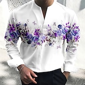 billige Plantemønster-Herre Blomstret Skjorte Skjorte med knapper Langermet Mote Gatemote Designer utendørs Avslappet Daglig Sommer Høst V-hals Trykt mønster Gul Rød Blå Lilla Grønn