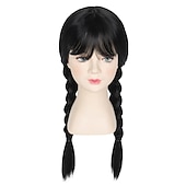 economico Parrucche dei personaggi dei film-mercoledì addams parrucche ragazze parrucca per bambini parrucca lunga liscia nera intrecciata con frangia parrucca da festa parrucche di carnevale