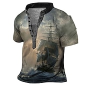 olcso Vintage&amp;amp;Retro-Férfi Grafika Hajó Henley ing Rövid ujjú 3D nyomtatás Divat Alkalmi Kényelmes Szabadtéri Napi Alkalmi Nyár Sötétbarna Arcpír rózsaszín Rubin Sötétkék Medence Henley Henley póló