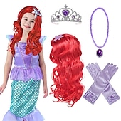 economico Parrucche dei personaggi dei film-parrucca da principessa sirena ariel treccia con la principessa tiara collana guanti non compresi vestito da principessa sirena ariel dress up cosplay accessori per bambini ragazze parrucche di