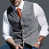 cheap Men&#039;s Vest-Men&#039;s Vest Waistcoat Daily Wear Going out Vintage Fashion Spring &amp;  Fall Buttons Polyester Comfortable Plain Single Breasted V Neck Regular Fit Deep Green Navy Dark Gray Light Grey Vest