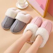abordables Claquettes et tongs femme-pantoufles confortables doublées de polaire pour femmes avec col en fausse fourrure - chaussures d&#039;intérieur chaudes pour l&#039;hiver en rose et gris