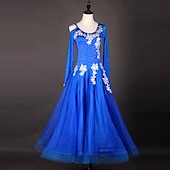 cheap Ballroom Dancewear-Ballroom Dance Dress Appliques Crystals / Rhinestones Women&#039;s Performance Long Sleeve Chinlon Organza
