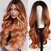 economico Parrucche trendy sintetiche-Parrucca ondulata lunga ombre bionda mista marrone evidenziata per le donneParrucca ondulata riccia parte centrale Parrucca in fibra sintetica resistente al calore dall&#039;aspetto naturale per l&#039;uso