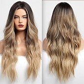 economico Parrucche trendy sintetiche-Parrucca ondulata lunga ombre bionda mista marrone evidenziata per le donneParrucca ondulata riccia parte centrale Parrucca in fibra sintetica resistente al calore dall&#039;aspetto naturale per l&#039;uso