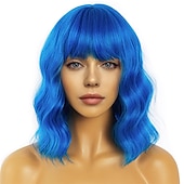 levne Syntetické trendy paruky-krátké bobové paruky s ofinou pro ženy volná vlnitá paruka kudrnatá vlnitá délka po ramena bob syntetická cosplay paruka pro dívky barevné kostýmní paruky
