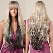 economico Parrucche trendy sintetiche-parrucche ondulate rosse lunghe ombre rosa per le donne parrucche ricci rosa nere con frangia parrucca cosplay radici scure parrucche sintetiche senza colla per l&#039;uso quotidiano delle feste