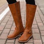 cheap Riding Boots-Women&#039;s Knee High Riding Boots with Side Zipper and Buckle – Classic Faux Leather Fall Winter Boots for Daily Wear, Commuting, and Outdoor Outfits