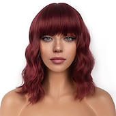 levne Syntetické trendy paruky-krátké bobové paruky s ofinou pro ženy volná vlnitá paruka kudrnatá vlnitá délka po ramena bob syntetická cosplay paruka pro dívky barevné kostýmní paruky