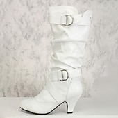 levne Slouch Boots-dámské vysoké boty ke kolenům s řemínky na přezku a štíhlým designem se středním podpatkem a všestranným stylem pro běžné i večerní nošení