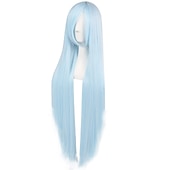 halpa Synteettiset trendikkäät peruukit-100 cm vaaleansininen peruukki naisten tytöille cosplay suora peruukki otsatukkalla synteettiset hiukset peruukkiasu anime halloween -juhliin