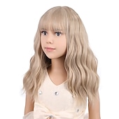 abordables Pelucas de fiesta-Peluca rubia para niñas, peluca corta ondulada con flequillo, peluca rubia rubia, peluca sintética para niñas, peluca para fiesta de carnaval, cosplay