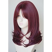 お買い得  トレンドの合成ウィッグ-ミディアムレングス ワインレッド レイヤードウィッグ ハイライトウィッグ 前髪付きレイヤードウィッグ 白人女性用合成ウィッグ ハイライト