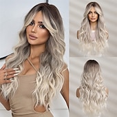 economico Parrucche trendy sintetiche-parrucche castane a onde lunghe parrucca per le donne parrucca di capelli dell&#039;onda del corpo con parrucca bionda evidenziata per le donne uso quotidiano del partito parrucche del partito di cosplay