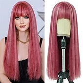 abordables Perruques Synthétiques Sans Bonnet-perruques rouges avec une frange rouge bordeaux synthétique longue perruque droite pour les femmes partie et cosplay perruque rouge vif