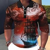お買い得  メンズ ヴィンテージ ポロシャツ-男性用 航海 ポロシャツ ゴルフシャツ 長袖 ポロシャツ 襟付きシャツ ヴィンテージ カジュアル バケーションウェア ボートウェア パーティー衣装 ボタン 3Dプリント ブルー・グリーン ルビーレッド ブルー
