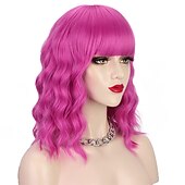 voordelige Carnaval pruiken-hete roze pruik met pony korte bob golvend krullend pruik schouderlengte hete roze pruiken voor vrouwen synthetisch haar kleurrijke pruik voor halloween kostuum cosplay 14 inch