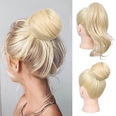 abordables Queue-de-cheval-chignon en désordre haut noeud clip en chignon faux chignon queue de cheval extension 12 pouces synthétique chignon chignon postiche pour les femmes noir