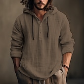 economico Camicie da uomo-Per uomo Camicia camicia di lino Camicia in calicò Camicia con cappuccio Liscio Informale Giornaliero Bianco Blu Marrone Verde Manica lunga Con cappuccio Primavera estate Abbigliamento