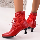 abordables Botines-Botines blancos con cordones para mujer, paneles bordados y tacón medio: estilo victoriano elegante para ocasiones formales