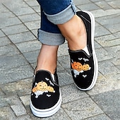 levne Dámské nazouváky a mokasíny-dámské halloween dýňové slip-on boty - pohodlné plátěné tenisky s potiskem jack-o&#039;-lantern, ideální pro běžné nošení a halloween party