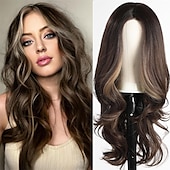 economico Parrucche trendy sintetiche-Parrucca ondulata lunga ombre bionda mista marrone evidenziata per le donneParrucca ondulata riccia parte centrale Parrucca in fibra sintetica resistente al calore dall&#039;aspetto naturale per l&#039;uso