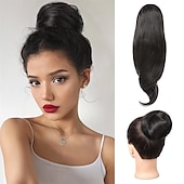 abordables Queue-de-cheval-chignon en désordre haut noeud clip en chignon faux chignon queue de cheval extension 12 pouces synthétique chignon chignon postiche pour les femmes noir