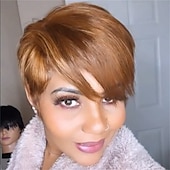 economico Parrucche trendy sintetiche-parrucche corte pixie cut con frangia bionda mista marrone parrucche sintetiche miste marroni per le donne nere parrucche corte pixie per le donne parrucche del partito di cosplay di halloween
