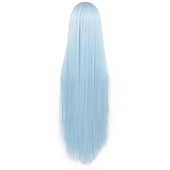 halpa Synteettiset trendikkäät peruukit-100 cm vaaleansininen peruukki naisten tytöille cosplay suora peruukki otsatukkalla synteettiset hiukset peruukkiasu anime halloween -juhliin