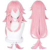 economico Parrucche da gioco-parrucca rosa per cosplay guuji yae miko capelli con frangia a coda di cavallo parrucca lunga riccia e soffice per festa di carnevale