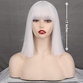 cheap Synthetic Trendy Wigs-Short Bob White Wig with Bangs Silver White Short Wigs for Women Straight Bob White Cospaly Hair Wig for Daily Party Halloween